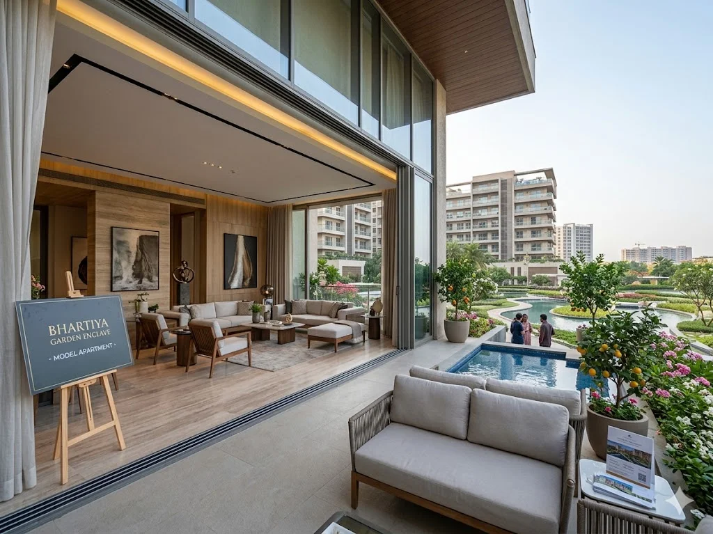 Luxury 4 BHK model apartment interior at Bhartiya Garden Enclave in North Bangalore showing the spacious living area and premium finishes.